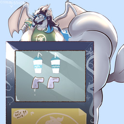 4_horns anthro apron apron_only beverage big_breasts big_butt blue_body blue_eyes blue_hair blue_highlights blue_lips blue_nipples blush breasts butt cetacean_tail clothing eyelashes female hair highlights_(coloring) horn huge_butt huge_hips huge_thighs lips milk milkshake multi_horn nipples non-mammal_breasts non-mammal_nipples slightly_chubby solo store thick_thighs white_breasts white_horn wide_hips wings coelhinha_artes mythology dragerys_kholodno draigy_(character) dragon mythological_creature mythological_scalie scalie 1:1