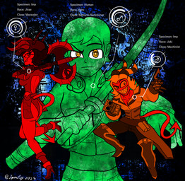 anthro axe blue_background boots bottomwear clothing explosives female footwear gloves grenade group gun handwear jacket katana leotard male melee_weapon pants ranged_weapon red_body red_skin serious_face shirt shoes shotgun simple_background smile sword topwear weapon yellow_eyes lyonley atlus hellaverse helluva_boss megami_tensei sega millie_(helluva_boss) moxxie_(helluva_boss) protagonist_(smt_1) demon human imp mammal hi_res
