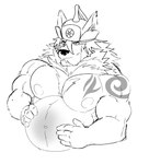 anthro arm_tattoo chest_tattoo clothing hat headgear headwear male mongolian_clothing muscular muscular_arms neck_tuft nipples pecs pregnant pregnant_anthro pregnant_male solo tattoo tuft barawerewolf lifewonders tokyo_afterschool_summoners temujin_(tas) canid canine canis mammal wolf hi_res monochrome