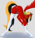 anthro bent_over black_hair blonde_hair blue_eyes blush bottomwear butt clitoris clothed clothing dock_(anatomy) feathered_wings feathers female fur genitals hair hooves legwear long_legs looking_at_viewer multicolored_hair no_underwear one_eye_closed presenting presenting_hindquarters pussy red_body red_fur red_wings shirt skirt smile solo stockings tail thigh_highs topwear undressing wings wink twotail813 friendship_is_magic hasbro my_little_pony mythology fan_character twotail_(mlp) equid equine mammal mythological_creature mythological_equine pegasus 2016 hi_res