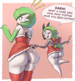 big_butt blue_eyes bubble_butt butt clothed clothing dialogue duo female green_hair hair holidays huge_butt legwear speech_bubble text white_body salt_lick1 christmas nintendo pokemon gardevoir generation_3_pokemon generation_5_pokemon humanoid legendary_pokemon meloetta pokemon_(species) 2025 absurd_res english_text hi_res