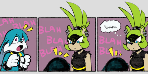 5_fingers anthro biped black_clothing black_nose black_shirt black_topwear blah_blah_blah blue_body blue_ears blue_eyes blue_fur blue_hair bracelet clothing dialogue duo ear_piercing ear_ring female female_anthro fingers floppy_ears fur gloves green_body green_ears green_fur green_hair hair handwear jewelry larger_anthro larger_female looking_at_another male male/female male_anthro open_mouth piercing ponytail purple_eyes ring_piercing shirt size_difference sleeveless_shirt smaller_anthro smaller_male standing studded_bracelet studded_jewelry studs thought_bubble topwear white_clothing white_gloves white_handwear wide_eyed latchk3y idw_publishing sega sonic_the_hedgehog_(comics) sonic_the_hedgehog_(idw) sonic_the_hedgehog_(series) kitsunami_the_fennec surge_the_tenrec afrosoricid canid canine canis domestic_dog fennec_fox fox hybrid mammal tenrec true_fox 2022 comic hi_res
