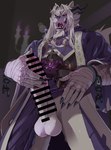 5_fingers anthro arm_wraps balls bodily_fluids censor_bar claws cross cross_necklace erection fangs finger_claws fingers fur genital_fluids genitals horn humanoid_genitalia humanoid_penis jewelry looking_at_viewer male necklace open_mouth penis precum solo teeth wraps niku405 canid canine hybrid mammal absurd_res censored hi_res