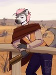 alcohol anthro beverage blue_eyes clothed clothing cowboy_outfit fur grey_body grey_fur hair looking_at_viewer male pink_hair solo thisdingo ambrose_stark hyena mammal spotted_hyena