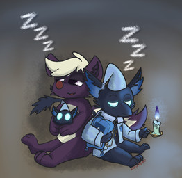 3_toes 4_fingers accessory anthro back_to_back barefoot beak beak_closed biped black_beak black_body black_fur black_tail black_tail_tuft blue_clothing blue_hat blue_headwear blue_inner_ear blue_pajamas blue_topwear bottomless bottomless_anthro bottomless_male candle candle_holder candlelight candlestick chain_accessory claws clock clothed clothed_anthro clothed_male clothing crescent_moon duo_focus feet fingers fur glowing glowing_eyes group half-closed_eyes handpaw hat headgear headwear hindpaw holding_another holding_candle holding_object holding_pillow hug hugging_object hugging_pillow light looking_at_another male male/male male_anthro moon mouth_closed multicolored_body multicolored_fur multicolored_tail narrowed_eyes nightcap nude nude_anthro nude_male open_clothing open_topwear pajama_shirt pajamas pattern_clothing pattern_hat pattern_headgear pattern_headwear pattern_topwear paws pillow pocketwatch purple_body purple_fur purple_inner_ear purple_tail semi-anthro sitting sleeping sleepwear snout sound_effects tail tail_tuft tired toe_claws toes topwear trio tuft two_tone_body two_tone_fur two_tone_tail vowelless vowelless_sound_effect watch white_body white_eyes white_fur white_tail young young_anthro young_male zzz razzle_the_red deadlock_(game) mythology valve lil_helper_(deadlock) razzle_(razzle_the_red) rem_(deadlock) avian chimera dream_creature gryphon mammal mephitid mythological_avian mythological_creature skunk 2026 absurd_res hi_res