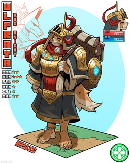 5_fingers 5_toes anklet anthro armor backpack barefoot clothed clothing cuirass eyes_closed feet female fingers fur hair headgear helmet hood humanoid_feet humanoid_hands jewelry pauldron plantigrade plate_armor robe scarf short_hair simple_background solo standing stats tail tan_body tan_fur tan_nails toes ceehaz dog_knight_rpg canid canine canis domestic_dog mammal 2026 4:5 absurd_res hi_res