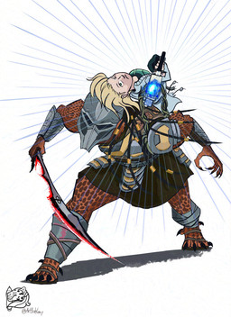 blonde_hair duo female hair machine male mask melee_weapon one_eye_closed simple_background sword weapon white_background artbahlam predator:_badlands predator_(franchise) dek_(predator) thia_(predator) alien android humanoid robot robot_humanoid yautja absurd_res hi_res