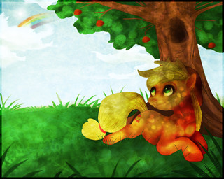 apple blonde_hair cloud cutie_mark detailed_background female feral food fruit fur grass green_eyes hair orange_body orange_fur outside plant quadruped rainbow rainbow_arch sky smile solo sun tail tree wood imalou friendship_is_magic hasbro my_little_pony applejack_(mlp) earth_pony equid equine horse mammal pony 2011 5:4