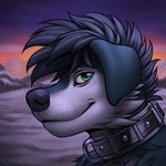 anthro black_collar blue_body blue_fur blue_hair closed_smile collar floppy_ears fur green_eyes hair male mouth_closed outside short_hair smile snow solo sunset whiskers white_body white_fur slash_freezen canid canine canis domestic_dog mammal 1:1 2023 artist_name dated