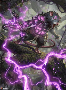 alternate_species anthro barefoot buckteeth dutch_angle electricity feet fur glowing glowing_eyes grey_body grey_fur lightning looking_at_viewer magic male open_mouth plant prosthetic prosthetic_arm prosthetic_limb solo standing tail teeth text tree javier_charro hasbro magic:_the_gathering wizards_of_the_coast tezzeret mammal murid murine rat rodent 2024 digital_media_(artwork) english_text hi_res official_art