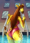 anthro backless_clothing backless_swimsuit big_butt blue_eyes brown_hair building butt clothing female hair horn looking_at_viewer looking_back looking_back_at_viewer one-piece_swimsuit open-back_swimsuit ossicone solo swimming_pool swimwear dragomyrbr crosoe_(xial) giraffe giraffid mammal hi_res