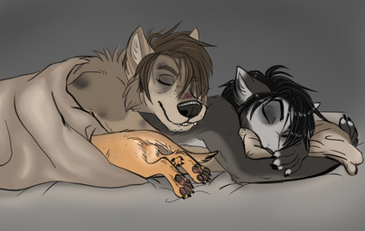 ambiguous_gender anthro black_hair brown_body brown_fur brown_hair bruised cheek_tuft cuddling eyes_closed facial_tuft female female_anthro fingers fur grey_background grey_body grey_fur group hair lying male male_anthro on_front on_top orange_body orange_fur simple_background sleeping smile trio tuft under_blanket kodaac canid canine mammal 2018 digital_media_(artwork)