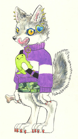 alternative_fashion anthro biped bone bottomwear claws clothed clothing digitigrade ear_piercing ear_ring feet female fur grey_body grey_fur licking licking_lips licking_own_lips looking_at_viewer open_mouth piercing ring_piercing simple_background solo standing sweater tail teeth tongue tongue_out topwear white_background white_body white_fur yellow_eyes young kyokyota canid canine canis mammal wolf 2018 absurd_res hi_res marker_(artwork) traditional_media_(artwork)