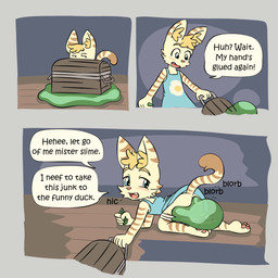 all_fours anthro barefoot blonde_eyebrows blonde_hair blue_clothing blue_dress blue_eyes blush blush_lines boofing bottomwear brown_body brown_fur brown_stripes brown_tail_tip butt chest_(container) clothed clothing clothing_lift cute_fangs dialogue dipstick_tail dress drugged drunk duo eyebrows fangs feet female fur gem green_gem hair hiccuping holding_gem holding_object inner_ear_fluff looking_at_another looking_back looking_back_at_another markings open_mouth open_smile panties partially_clothed pawpads pink_nose pink_pawpads raised_tail skirt skirt_lift smile sound_effects speech_bubble striped_body striped_fur stripes substance_intoxication tail tail_markings talking_to_another tan_body tan_fur tan_tail teeth text tuft underwear underwear_down white_clothing white_panties white_underwear young young_anthro young_female bisonvega cat_girl_(bisonvega) domestic_cat felid feline felis goo_creature mammal slime_(blob) 1:1 2025 comic english_text hi_res