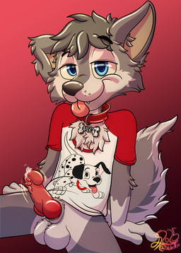 animal_genitalia animal_penis anthro aroused_face aroused_smile blep bodily_fluids bottomless bottomless_male canine_genitalia canine_penis clothed clothing collar cum cum_drip dripping genital_fluids genitals knot male penis solo tongue tongue_out young young_anthro young_male conditional_dnp lobofeo 101_dalmatians disney lucky_(101_dalmatians) canid canine canis mammal wolf absurd_res hi_res