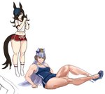 animal_ears animal_tail black_body black_fur black_hair blue_clothing blue_footwear blue_hair blue_high_heels blue_swimwear bottomwear breasts brown_eyes clothing female footwear fur grey_hair hair hair_over_eye high_heels long_hair looking_at_viewer navel one-piece_swimsuit one_eye_obstructed red_bottomwear red_clothing red_shorts shoes shorts simple_background smile socks solo swimwear tail thick_thighs topwear white_background white_clothing white_footwear white_socks white_topwear wide_hips fryerwamez cygames uma_musume_pretty_derby gold_ship_(pretty_derby) rice_shower_(pretty_derby) animal_humanoid equid equid_humanoid equine equine_humanoid horse_humanoid humanoid mammal mammal_humanoid tailed_humanoid