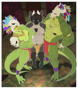 anthro armlet belly black_hair body_hair bone bone_mask bottomwear chest_hair clothed clothing crossed_arms gold_(metal) gold_armlet gold_jewelry green_body green_scales group hair horn jewelry loincloth loincloth_only male male/male mask scales skull skull_mask slightly_chubby slightly_chubby_anthro slightly_chubby_male topless trio letsdrawcats mythology terraria noble_(nakasuji) shimmered_witch_doctor witch_doctor_(terraria) dragon lihzahrd lizard mythological_creature mythological_scalie reptile scalie hi_res