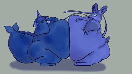 ambiguous_gender anthro belly belly_expansion belly_on_belly belly_to_belly big_belly big_butt blueberry_inflation blush body_inflation butt butt_expansion duo expansion frill_(anatomy) huge_belly huge_butt huge_thighs hyper hyper_belly hyper_thighs inflation morbidly_obese obese overweight ribbons_(anatomy) simple_background swelling tail thick_thighs thigh_expansion the_flat_one_(artist) nintendo pokemon eeveelution generation_1_pokemon generation_6_pokemon pokemon_(species) sylveon vaporeon 2021 digital_media_(artwork)