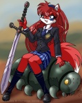 anthro blue_eyes bottomwear breasts clothed clothing duo emblem female fur hair headgear headwear machine melee_weapon necktie red_body red_fur red_hair school_uniform shirt skirt sword tail topwear uniform weapon chalo canid canine fox mammal robot serena_(disambiguation)