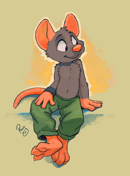 anthro barefoot bottomwear cheek_tuft closed_smile clothed clothing facial_tuft feet front_view fur green_bottomwear green_clothing green_pants grey_body grey_fur head_tuft logo looking_aside male male_anthro mouth_closed navel pants sitting smile solo topless topwear tuft young young_anthro young_male pandapaco mammal mouse murid murine rodent artist_logo hi_res signature