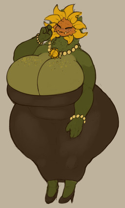 anthro beaded_jewelry beads big_breasts black_clothing black_dress bracelet breasts cleavage clothed clothing dress female flower footwear freckled_breasts freckles green_body high_heels huge_breasts huge_hips hyper hyper_breasts jewelry necklace not_furry overweight overweight_female plant shoes solo tusks wide_hips thecoatl034 electronic_arts plants_vs._zombies popcap_games elemental_creature flora_fauna flower_creature primal_sunflower sunflower_(pvz)