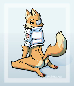 anthro bottomless bottomless_anthro bottomless_male butt clothed clothing cropped_jacket dipstick_tail fur green_eyes jacket kneeling looking_at_viewer looking_back looking_back_at_viewer male markings orange_body orange_fur pawpads pink_pawpads solo tail tail_markings tan_body tan_fur tan_tail_tip topwear white_clothing white_jacket white_topwear mollietown nintendo star_fox fox_mccloud canid canine fox mammal 2026 digital_drawing_(artwork) digital_media_(artwork) hi_res