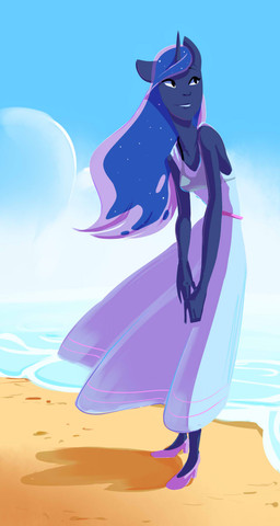 anthro anthrofied beach biped clothing cloud day detailed_background dress female footwear high_heels horn outside sand sea seaside shoes sky solo sparkles standing water swomswom friendship_is_magic hasbro my_little_pony mythology princess_luna_(mlp) equid equine mammal mythological_creature mythological_equine unicorn 2013 hi_res source_request
