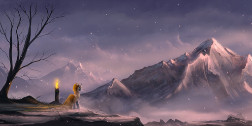 ambiguous_gender day detailed_background feral fire hooves horn mountain outside plant snow solo standing tree shamanguli hasbro my_little_pony mythology fan_character equid equine mammal mythological_creature mythological_equine unicorn character_request hi_res