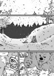 bear clothed clothing comic dialogue english_text fire forest hi_res humanoid husky92 male mammal monochrome orc paper plant snow snowing text tree