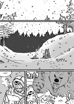 clothed clothing dialogue fire forest male paper plant snow snowing text tree husky92 bear humanoid mammal orc comic english_text hi_res monochrome multiple_scenes