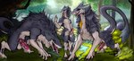 animal_genitalia anthro balls bodily_fluids cum cum_drip dripping feral genital_fluids genitals grass group male open_mouth outside penis plant sheath tail tail_tuft tongue tongue_out tree trio tuft water allanthesergal52_(artist) kel beast_sergal sergal hi_res