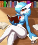 anthro book bookshelf breasts crossed_legs curvy_figure female furniture gleaming_eyes light looking_at_viewer medium_breasts reading reading_book shadow smile smiling_at_viewer solo sunlight thepachusan nintendo pokemon gardevoir generation_3_pokemon humanoid pokemon_(species) shiny_pokemon 5:6 digital_drawing_(artwork) digital_media_(artwork) hi_res