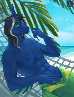 abs anthro beach black_hair blue_body blue_fur blue_horn blue_nipples detailed_background eyewear fin fingers fish_tail fur glasses green_eyes green_fins hair hammock horn long_hair male muscular muscular_male nipples palm_tree plant pose relaxing see sky solo tree whitebaloo mythology equid equine horse hybrid mammal mythological_creature mythological_equine unicorn half-length_portrait hi_res portrait