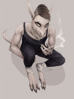 3_toes anthro bandage bandaged_leg barefoot black_bottomwear black_clothing black_pants black_shirt black_tank_top black_topwear bottomwear brown_hair cigarette clothing eyebrows feet grey_background hair high-angle_view holding_cigarette holding_object looking_at_viewer looking_up looking_up_at_viewer male monotone_body monotone_skin neck_tuft pants shirt simple_background smoke solo tank_top text toes topwear tuft white_body white_ears white_eyebrows white_eyes white_skin akrolayn jack_(akrolayn) ambiguous_species 2015 artist_name digital_media_(artwork) digital_painting_(artwork) full-length_portrait hi_res painting_(artwork) portrait