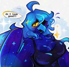 anthro beak big_breasts blue_body breasts clothing cosmic_fur dialogue feathers female folded_wings glowing open_beak open_mouth smile solo speech_bubble swimwear wings szlugcat undertale_(series) undertale_yellow martlet_(undertale_yellow) martlet_(zenith_form) avian monster hi_res shaded