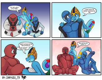 anthro balls big_balls big_penis dialogue genitals group huge_penis hyper hyper_genitalia hyper_penis male male/male overweight overweight_male penis text trio zaryuzu_73 nintendo pokemon generation_5_pokemon pokemon_(species) sawk scalie throh comic english_text hi_res