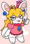 3_toes 4_fingers anthro armwear big_tail blonde_eyebrows blonde_hair blue_ear_piercing blue_eyes bottomless bottomless_anthro bottomless_female clothed clothed_anthro clothed_female clothing crown elbow_gloves eyebrow_through_hair eyebrows eyelashes featureless_crotch feet female female_anthro fingers flat_chested footwear fur furrowed_brow gem gloves gun hair handwear headgear heart_pupils holding_gun holding_object holding_ranged_weapon holding_weapon light lips long_ears long_hair multicolored_body noseless pink_background pink_clothing pink_lips pink_shirt pink_topwear pupils ranged_weapon ruby_(gem) sapphire_(gem) shirt simple_background smile smiling_at_viewer socks solo standing tail tan_body tan_eyelids tan_inner_ear tan_skin toes topwear translucent translucent_hair two_tone_body weapon white_armwear white_body white_clothing white_elbow_gloves white_footwear white_fur white_gloves white_handwear white_pupils white_socks white_tail bahamutgreen mario_bros mario_plus_rabbids_kingdom_battle nintendo raving_rabbids rayman_(series) ubisoft rabbid_peach lagomorph mammal rabbid 2022 colored crossover digital_drawing_(artwork) digital_media_(artwork) english_description full-length_portrait lighting portrait shaded simple_shading