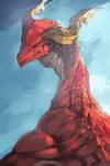 horn kemono looking_at_viewer looking_back red_body red_skin smile solo teeth yellow_sclera michairu drakengard mythology square_enix angelus dragon mythological_creature mythological_scalie scalie 2:3 hi_res sketch