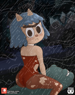 anthro blue_hair blush butt clothing damaged_clothing eyebrows female forest forest_background fur hair leotard loli looking_at_viewer looking_back looking_back_at_viewer nature nature_background plant raining red_clothing red_leotard riding riding_on_back tan_body tan_fur text tree unibrow wind young young_anthro minus_class cartoon_network summer_camp_island mildred_mccallister amphibian domestic_cat felid feline felis frog mammal hi_res url