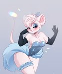 anthro armwear clothing dancer_outfit elbow_gloves female fur garter_belt garter_straps gloves handwear iridescent solo sparkles tight_suit white_body white_fur valeria_fills disney the_great_mouse_detective miss_kitty_mouse mammal mouse murid murine rodent