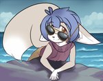 ambiguous_gender anthro blue_hair clothed clothing cloud ears_down eyewear hair looking_at_viewer pivoted_ears solo sunglasses water young delicious_(artist) lynnelle canid canine fennec_fox fox mammal true_fox female_(lore)