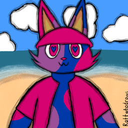 anthro beach beanie blue_body blue_fur clothed clothing cloud fur hat headgear headwear heart_eyes heart_symbol male open_clothing open_shirt open_topwear pink_beanie pink_clothing pink_hat pink_headwear pink_nose pink_shirt pink_topwear shirt solo topwear rattwhodraws rift_fishing domestic_cat felid feline felis mammal 1:1 hi_res