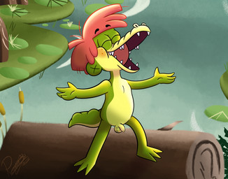 anthro balls eyes_closed foreskin genitals green_body hair humanoid_genitalia humanoid_penis lily_pad log male nude open_mouth penis plant red_hair smile solo tail wood young tribalturtle arlo_the_alligator_boy netflix arlo_beauregard alligator alligatorid crocodilian reptile scalie absurd_res hi_res