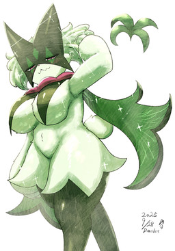 anthro arm_tuft bedroom_eyes big_breasts black_legs blush blush_lines breast_curtains breast_tuft breasts curvy_figure eyelashes female female_anthro fur green_body green_fur half-closed_eyes hand_behind_head looking_at_viewer narrowed_eyes nude nude_anthro nude_female pink_eyes pink_nose pupils seductive short_tail simple_background smile solo sparkles standing tail text thick_thighs tuft voluptuous voluptuous_anthro voluptuous_female white_background wide_hipped_anthro wide_hipped_female wide_hips domisket nintendo pokemon generation_9_pokemon meowscarada pokemon_(species) 2025 absurd_res artist_name dated digital_media_(artwork) hi_res signature