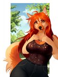 anthro breasts day detailed_background eyebrows eyelashes female fur hair looking_at_viewer orange_body orange_fur outside red_hair sky smile solo tan_body tan_fur lynjox hera_(hera) canid canine canis domestic_dog german_shepherd herding_dog mammal pastoral_dog 2021 3:4 digital_media_(artwork) hi_res