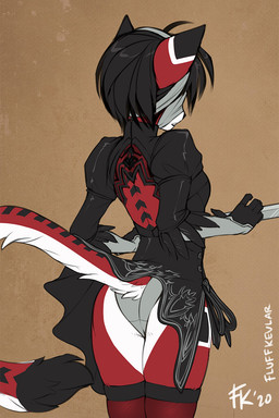 anthro black_body black_clothing black_fur black_hair bottomwear brown_background clothed clothing cosplay exposure_variation female fur hair leggings legwear machine panties red_body red_fur simple_background skirt solo tail tail_under_skirt tan_background underwear upskirt white_body white_fur conditional_dnp fluff-kevlar nier_automata platinumgames ara_(fluff-kevlar) yorha_2b android domestic_cat felid feline felis mammal robot 2021 digital_media_(artwork)