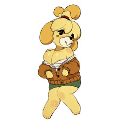 anthro areola areola_slip big_breasts biped blonde_hair bottomwear breasts brown_clothing brown_sweater brown_topwear clothing female fur green_bottomwear green_clothing green_skirt hair looking_at_viewer paw_pose pose shirt skirt solo sweater topwear white_clothing white_shirt white_topwear yellow_body yellow_fur gurumo animal_crossing nintendo isabelle_(animal_crossing) canid canine canis domestic_dog mammal toy_dog 1:1 hi_res