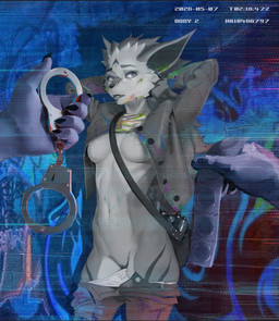 anthro bound breasts camera_view claws clothed clothing condom embarrassed female fur genitals graffiti hands_behind_head looking_at_another markings outside partially_clothed pose public sexual_barrier_device solo standing three-quarter_view vulva hnz lexy_(novabeast) mammal novabeast 2026 detailed digital_media_(artwork)