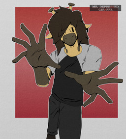 adam's_apple anthro black_bottomwear black_clothing blank_stare bottomwear brown_hair circle_eyebrows clothed clothing dot_eyes ear_piercing ear_ring eyebrows facial_hair fur fur_markings gloves_(marking) goatee hair hand_focus horn long_hair male markings multicolored_body multicolored_clothing multicolored_fur multicolored_topwear ossicone outline piercing pose posing_for_picture red_background ring_piercing shirt simple_background simple_eyes solo spots spotted_body spotted_fur t-shirt topwear two_tone_body two_tone_clothing two_tone_fur two_tone_topwear mr.depressed_giraffe aaron_walker giraffe giraffid mammal hi_res watermark