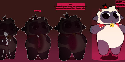 absorption_vore anthro assimilation bell bound clothing costume costume_transformation crown cursed_object demonic duo encasement floating fur glowing glowing_eyes headgear horn host inside inside_clothing locked manipulation mascot mascot_suit mask plushie plushie-like plushie_transformation plushophilia plushsuit possession solo squish suit suit_transformation suiting suiting_sequence suiting_up teasing text transformation trapped trapped_in_clothing tricked vore wool_(fur) yeenskunk cult_of_the_lamb massive_monster_(studio) cassidy_(yeenskunk) lamb_(cult_of_the_lamb) bovid caprine mammal mouse murid murine rodent sheep absurd_res english_text hi_res